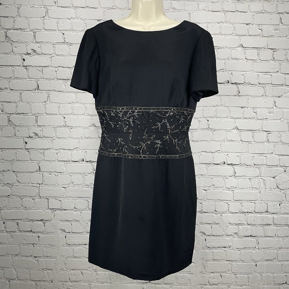 Melinda Eng Black Silk Sheath Beaded Accent Lined Zipped Dress USA Made Size 10